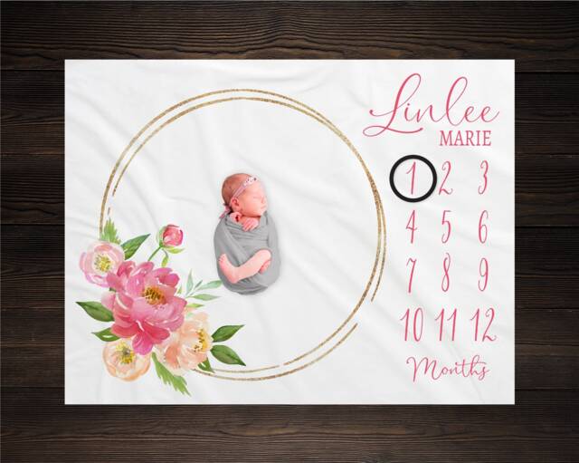 Pink Floral Milestone Blanket, Baby Month Girl Blanket Track Growth Keepsake Shower Gift Peony - image 1