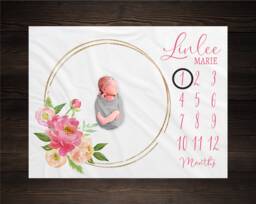 Pink Floral Milestone Blanket, Baby Month Girl Blanket Track Growth Keepsake Shower Gift Peony - thumbnail 1