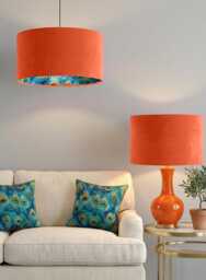 Handmade By Order Deep Orange Velvet & Peacock Pattern Inside Drum Lamp Shade Pendant Light All Sizes Shapes Available