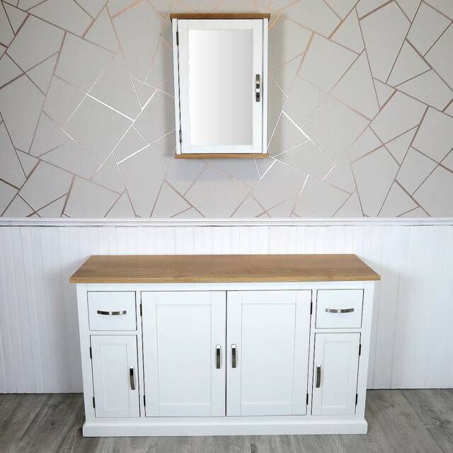 White Painted Bathroom Furniture - Oak Storage Cabinet Solid 402P - image 1