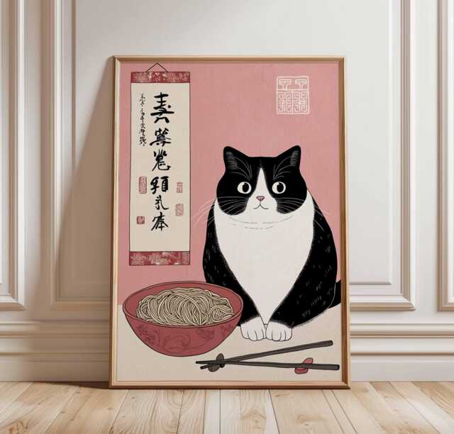 Cat Ramen Poster Japanese Wall Art, Cute Noodle Bowl Print With Tuxedo Cat, Pink Kitchen Decor, Funny Illustration For Food Lovers - image 1