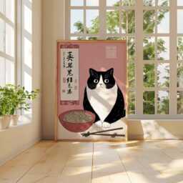 Cat Ramen Poster Japanese Wall Art, Cute Noodle Bowl Print With Tuxedo Cat, Pink Kitchen Decor, Funny Illustration For Food Lovers - thumbnail 3