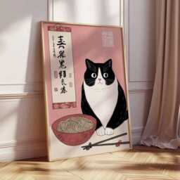 Cat Ramen Poster Japanese Wall Art, Cute Noodle Bowl Print With Tuxedo Cat, Pink Kitchen Decor, Funny Illustration For Food Lovers - thumbnail 2
