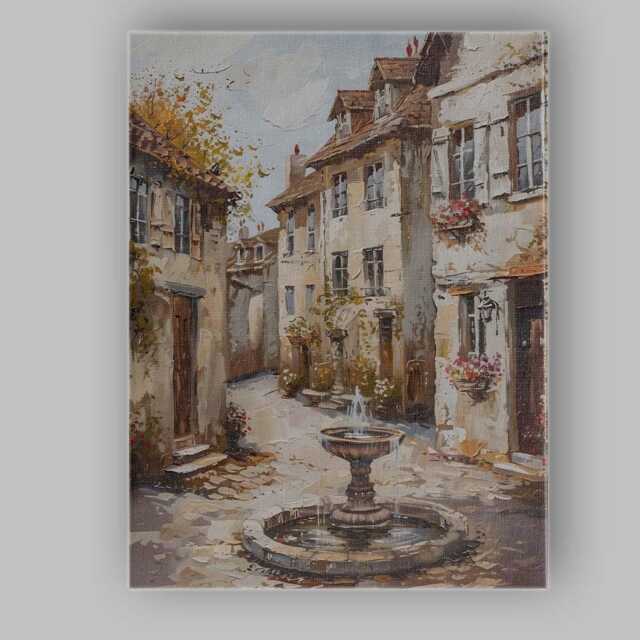 Charming European Village Fountain Street Scene Painting Canvas Wall Art Print Decor Picture Ready To Hang - image 1