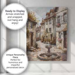 Charming European Village Fountain Street Scene Painting Canvas Wall Art Print Decor Picture Ready To Hang - thumbnail 3
