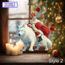 Santa Riding Wolf Acrylic 2D Flat Christmas Ornament, Festive Tree Hanging Holiday Decoration, Unique Wolf Gift - thumbnail 2