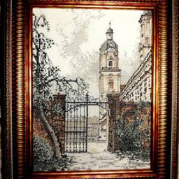 Framed Handmade Cross Stitch Church Landscape Wall Decor - thumbnail 2
