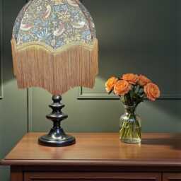 Handcrafted William Morris Teal Strawberry Thief Fabric Dome Lampshade Antique Gold Braid Fringe - Made in UK - thumbnail 2