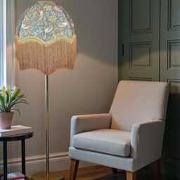 Handcrafted William Morris Teal Strawberry Thief Fabric Dome Lampshade Antique Gold Braid Fringe - Made in UK - thumbnail 3