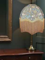 Handcrafted William Morris Teal Strawberry Thief Fabric Dome Lampshade Antique Gold Braid Fringe - Made in UK - thumbnail 1