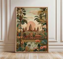Angkor Wat Cambodia Jungle Temple Travel Poster Print, Vintage Boho Tropical Illustration Wall Art - thumbnail 1