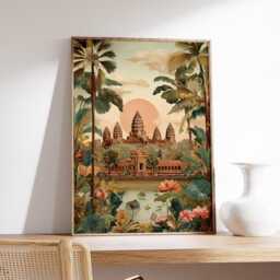 Angkor Wat Cambodia Jungle Temple Travel Poster Print, Vintage Boho Tropical Illustration Wall Art - thumbnail 2