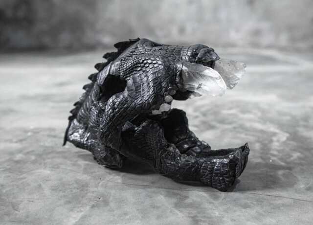 Saber Tooth Tiger Skull Replica With Black Leather & Crystal - Handmade Gothic Fantasy Decor - image 1