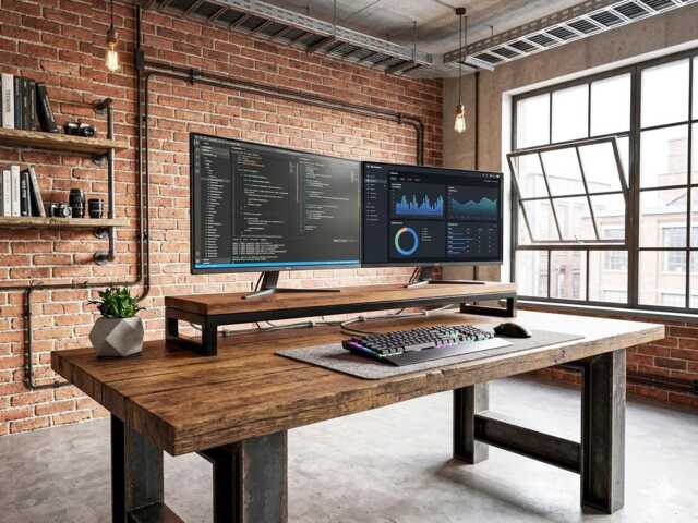 Dual Monitor Desk Riser Stand - Made From Solid Wood & Steel - image 1