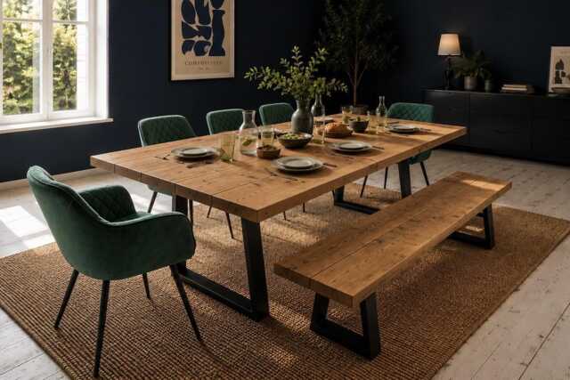 Industrial Reclaimed Dining Table & Bench On Steel Trapezium Legs, Rustic, Solid Wood - image 1