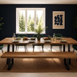 Industrial Reclaimed Dining Table & Bench On Steel Trapezium Legs, Rustic, Solid Wood - thumbnail 2
