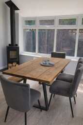 Industrial Reclaimed Dining Table & Bench On Steel Trapezium Legs, Rustic, Solid Wood - thumbnail 4
