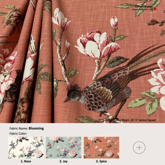 Blooming 4 Colors Bird Flower Floral Rose Cotton Curtain, Valance Pleated, Lined Drapery Panel Offered As Upgrades - image 1