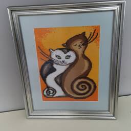 Cross Stitch Framed Picture/Twisted Cats/Handmade Embroidered Picture/Cross Wall Art Decor - thumbnail 4