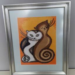 Cross Stitch Framed Picture/Twisted Cats/Handmade Embroidered Picture/Cross Wall Art Decor - thumbnail 3
