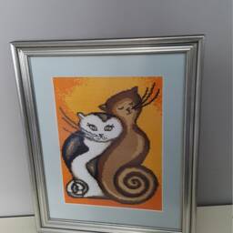 Cross Stitch Framed Picture/Twisted Cats/Handmade Embroidered Picture/Cross Wall Art Decor - thumbnail 2