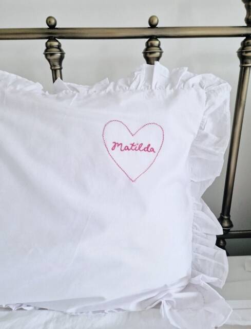 Hand Embroidered Name Pillowcase Heart Frill Personalized - image 1