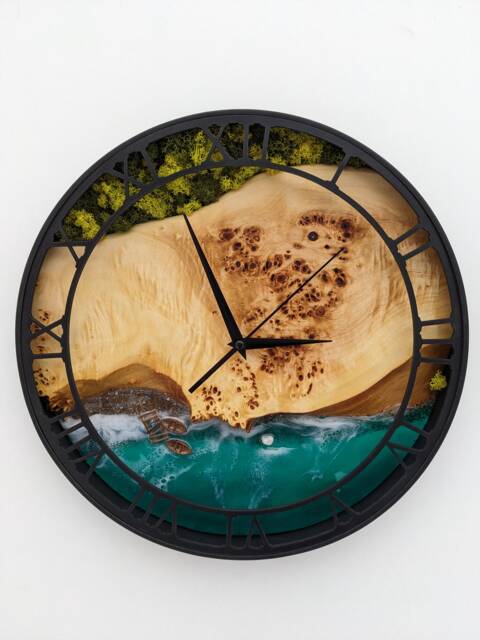 Epoxy Resin Ocean Wall Clock Wood & Moss Decor - 14 - image 1