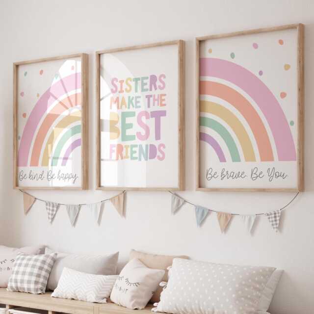 Set Of 3 Personalised Sister Prints, Shared Bedroom, Wall Art, Girls Bedroom Decor, Pastel Colours, Nursery Playroom - image 1
