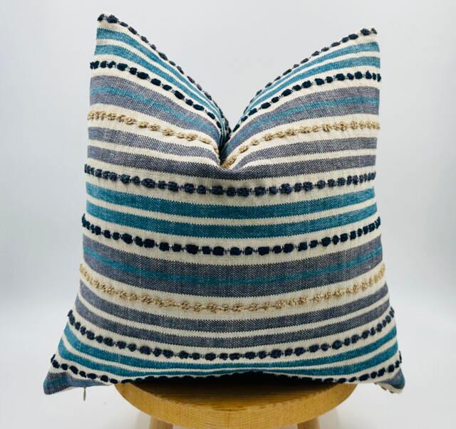 Blue Striped Tufted Pillow Cover, Linen Blend, Boho Home Decor - image 1