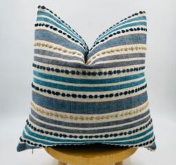 Blue Striped Tufted Pillow Cover, Linen Blend, Boho Home Decor - thumbnail 1