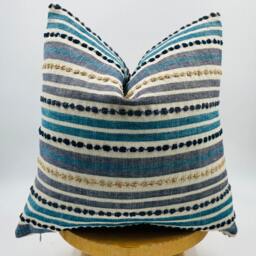 Blue Striped Tufted Pillow Cover, Linen Blend, Boho Home Decor - thumbnail 3