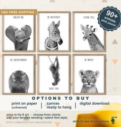 Black & White Baby Animal Prints, Safari Nursery Decor - Set Of 6 - thumbnail 1