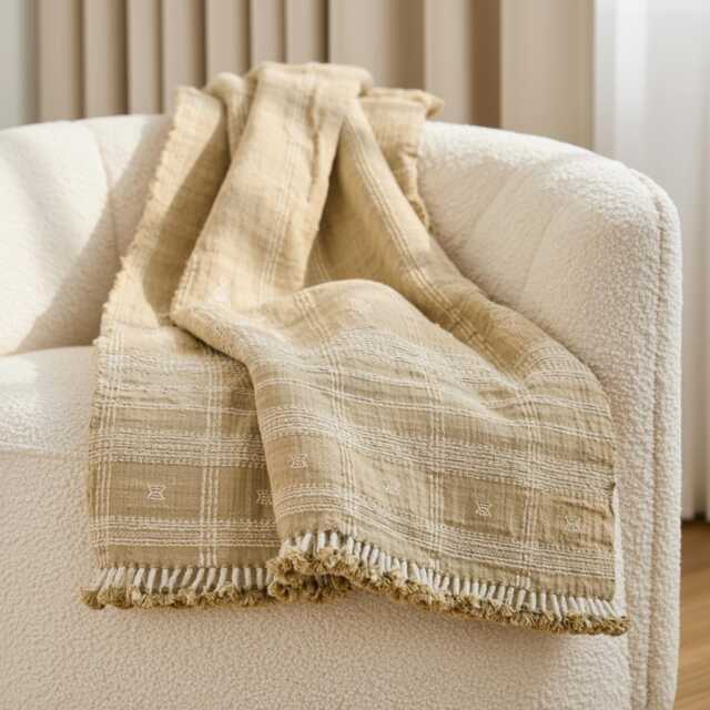 Tan Beige Indian Wool Throw Blanket, Handwoven Sofa Coverlet & Neutral Bed Runner - Jasper - image 1