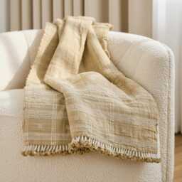 Tan Beige Indian Wool Throw Blanket, Handwoven Sofa Coverlet & Neutral Bed Runner - Jasper - thumbnail 1