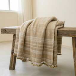 Tan Beige Indian Wool Throw Blanket, Handwoven Sofa Coverlet & Neutral Bed Runner - Jasper - thumbnail 2