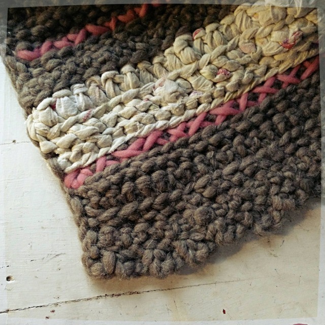 Crochet Throw Rug Or Wall Hanging in Stripes Of Butter Yellow Pink & Gray - image 1