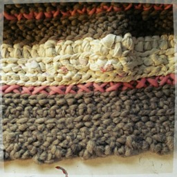 Crochet Throw Rug Or Wall Hanging in Stripes Of Butter Yellow Pink & Gray - thumbnail 3