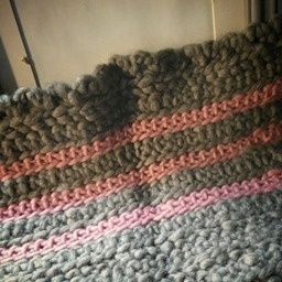 Crochet Throw Rug Or Wall Hanging in Stripes Of Butter Yellow Pink & Gray - thumbnail 2