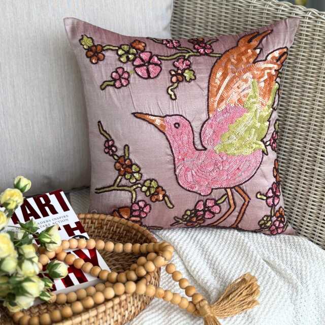 Pink Bird Art Silk Pillow Sham, 24x24/26x26 Contemporary Sequin Beaded Euro Sham - Colorful Birdy - image 1