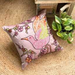 Pink Bird Art Silk Pillow Sham, 24x24/26x26 Contemporary Sequin Beaded Euro Sham - Colorful Birdy - thumbnail 3