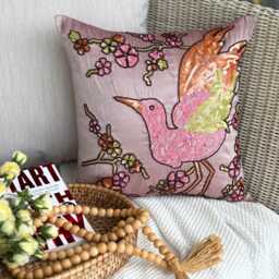 Pink Bird Art Silk Pillow Sham, 24x24/26x26 Contemporary Sequin Beaded Euro Sham - Colorful Birdy - thumbnail 1