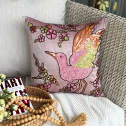 Pink Bird Art Silk Pillow Sham, 24x24/26x26 Contemporary Sequin Beaded Euro Sham - Colorful Birdy - thumbnail 2