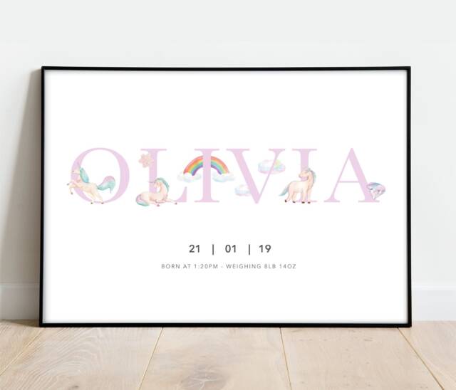 Personalized Unicorn Name Print - Baby Girl Nursery Decor - image 1