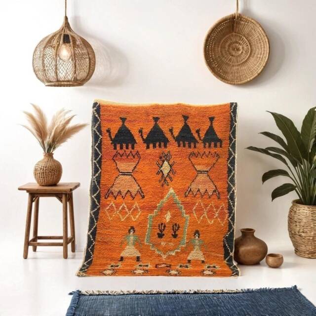 Handmade Moroccan Orange Wool Rug Authentic Berber Design - image 1