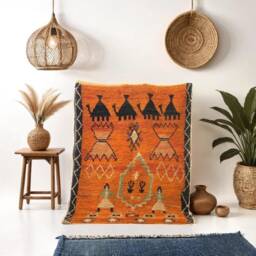 Handmade Moroccan Orange Wool Rug Authentic Berber Design