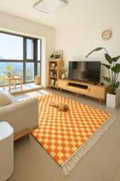 Handmade Moroccan Berber Rug Orange & White Checkered Wool Rug - thumbnail 1