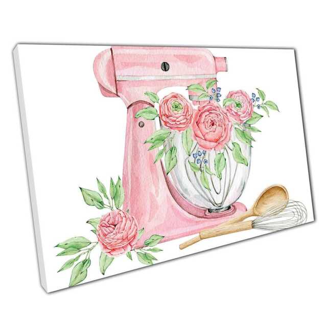Pink Food Mixer Canvas Art Sweet Roses Kitchen Decor Baking Cooking Theme Print - image 1