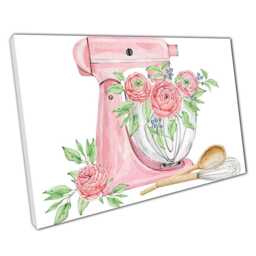 Pink Food Mixer Canvas Art Sweet Roses Kitchen Decor Baking Cooking Theme Print - thumbnail 1