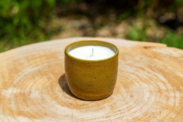 Banana-Scented Candle in Olive Green Ceramic. Green Handcrafted Pottery. Ceramic Container - image 1