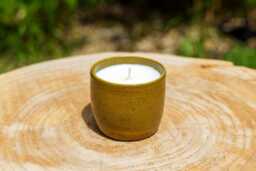 Banana-Scented Candle in Olive Green Ceramic. Green Handcrafted Pottery. Ceramic Container